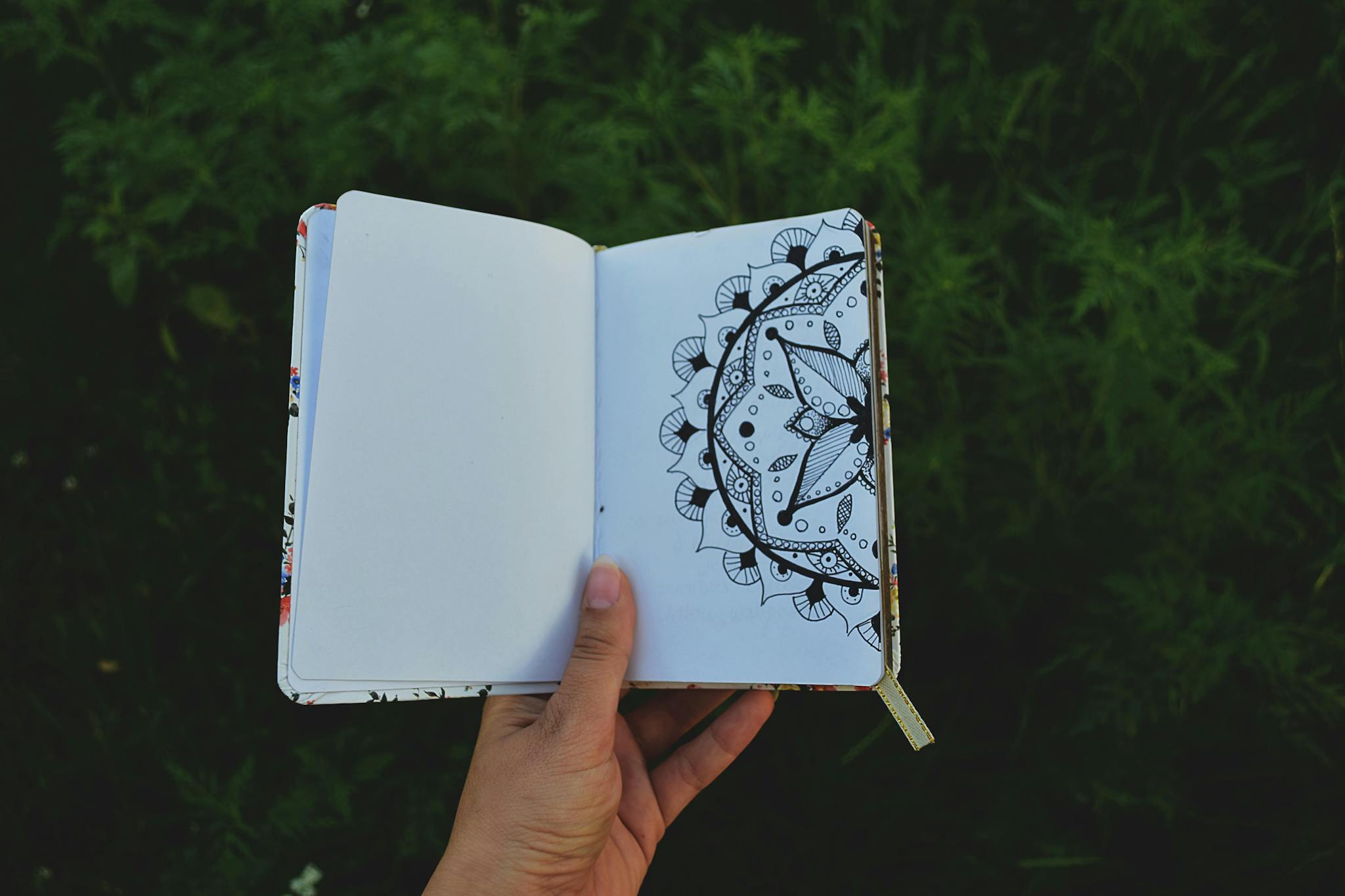 A hand holding an open journal with a detailed mandala drawing outdoors.